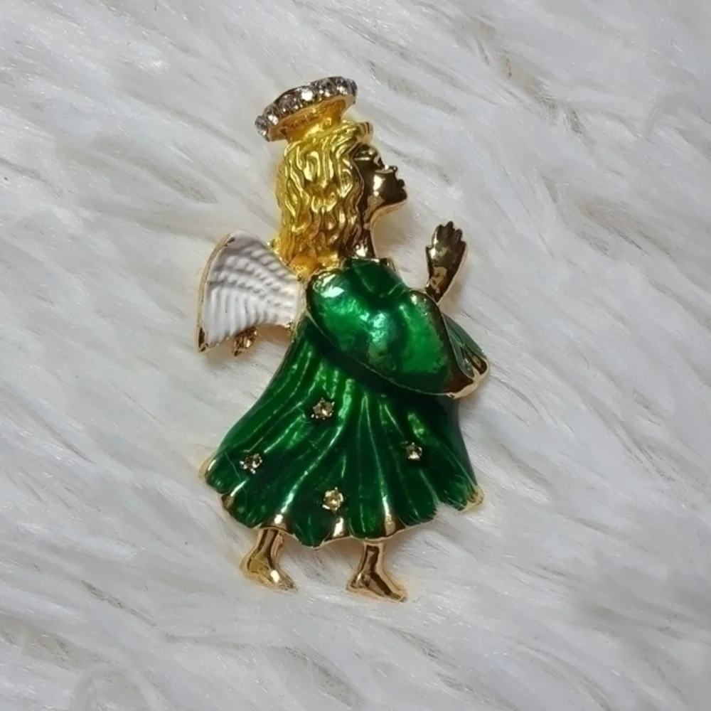 Jeweled Robe & Halo Winged Angel Brooch Pin